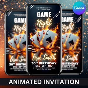 以下が含まれることがあります： ゲームナイトのお祝い用アニメーション招待状。ポーカーをテーマにしたグラフィックが炎上するトランプと共に表示された3つのスマートフォンがデザインされています。「Game Night」のテキストとイベントの詳細が含まれています。
