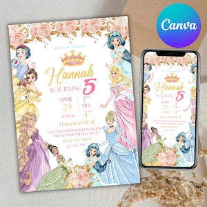 Princess Birthday Party Invitation, Royal Princess Birthday Invitation, Girl Princess Theme 4th Birthday, Princess Party, Canva Editable