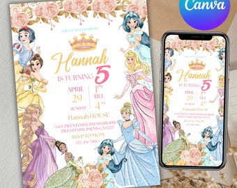 Verjaardagsuitnodiging prinses, koninklijke prinses verjaardagsuitnodiging, meisje prinses thema 4e verjaardag, prinsessenfeest, canvas bewerkbaar