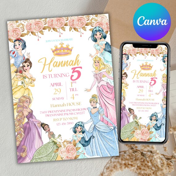 Princess Birthday Party Invitation, Royal Princess Birthday Invitation, Girl Princess Theme 4th Birthday, Princess Party, Canva Editable