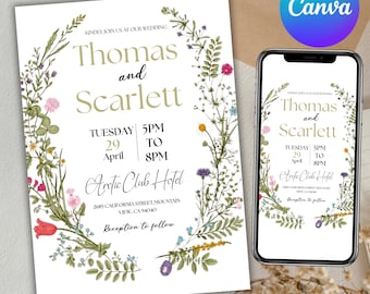 Wildflower Wedding Invitation, Printable Wedding Invitation, Wedding Invitation, Boho Wildflower Invitation, Floral Wreath, Canva Editable