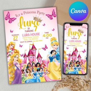 Princess Birthday Invitation, Birthday Invitation, Disney Princess Invitation, Girl Princess Birthday Invite, Princess Party, Canva Editable