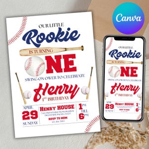 May include: Baseball-themed first birthday party invitation with a red and blue color scheme. The invitation features a baseball bat, baseball, and the text "Our Little Rookie is Turning One Henry 1st Birthday".