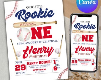 Baseball Birthday Invitation, Birthday Invitation, Baseball Birthday Invitation, Birthday Theme Baseball Rookie Year, Canva Editable