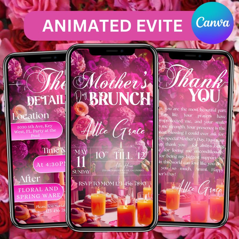 Mother’s Day Brunch Invite, Happy Mother’s Day, Boho Floral Event Itinerary, Animated Video Invitation, Mom and Mimosa's, Canva Editable
