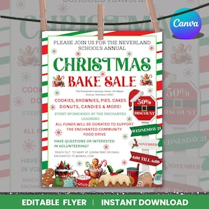 May include: A Christmas Bake Sale flyer with red, green, and white stripes and text. The flyer includes the words "Christmas Bake Sale" and lists cookies, brownies, pies, cakes, donuts, and candies. A 50% discount is advertised.