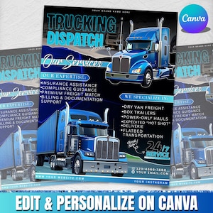Puede incluir: Un folleto promocional para servicios de despacho de camiones. El diseño presenta ilustraciones de semirremolques azules y el texto "Trucking Dispatch Services". El folleto enumera servicios y experiencia, con un llamado a la acción para editar y personalizar en Canva.