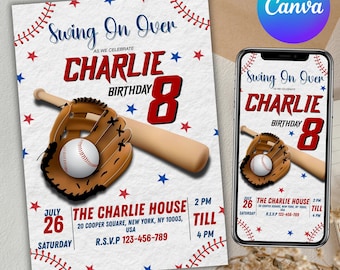 Baseball-Geburtstagsfeier-Einladung, Sport-Geburtstags-Einladung, Rookie des Jahres, Kinder-Party-Einladung, Baseball-Thema, Canva Bearbeitbar