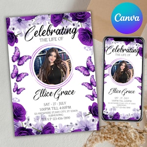 Può includere: Un invito commemorativo con una foto, farfalle viola ed elementi floreali. Il testo recita "Celebrating the Life of Ellice Grace" con i dettagli dell'evento. Uno smartphone mostra lo stesso design.