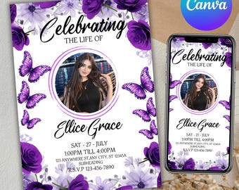 Anuncio de funeral con mariposa morada, invitación a celebración de vida, anuncio de funeral, programa funerario, editable en Canva