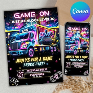 Video game birthday invitation, Video Game Truck Birthday Party Invitation, Gamer Birthday Invitation, Gamer Invitation, Canva Editable