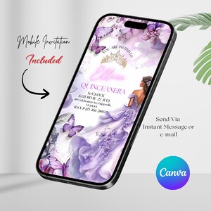 QUINCEANERA FLOWERS,Lilac Gold Floral Butterfly Princess Quinceanera Invitations, Lilac Purple & Gold Princess Quince, Canva Editable