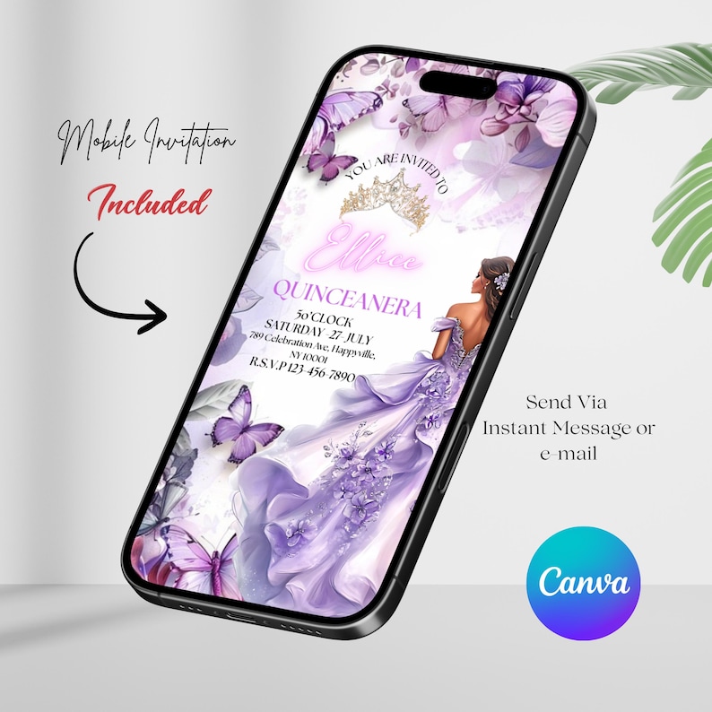 QUINCEANERA FLOWERS,Lilac Gold Floral Butterfly Princess Quinceanera Invitations, Lilac Purple & Gold Princess Quince, Canva Editable