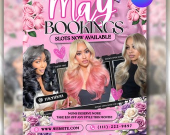May Booking Flyer Template, Now Booking Beauty Flyer, May Appointments Open, Hair Nails Lashes Makeup Flyer, DIY Text, Instant Download