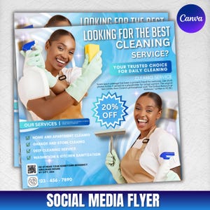 May include: A social media flyer for a cleaning service. The flyer features two smiling women, cleaning supplies, and text that reads "Looking for the best cleaning service?" and "20% off." The flyer also lists cleaning services.