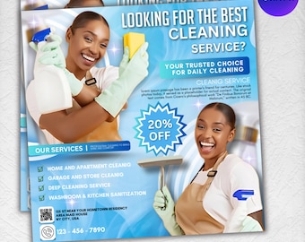 May include: A social media flyer advertising a cleaning service. The design features two women, cleaning products, and text that reads "Looking for the best cleaning service?" and "20% off." The flyer also lists cleaning services.