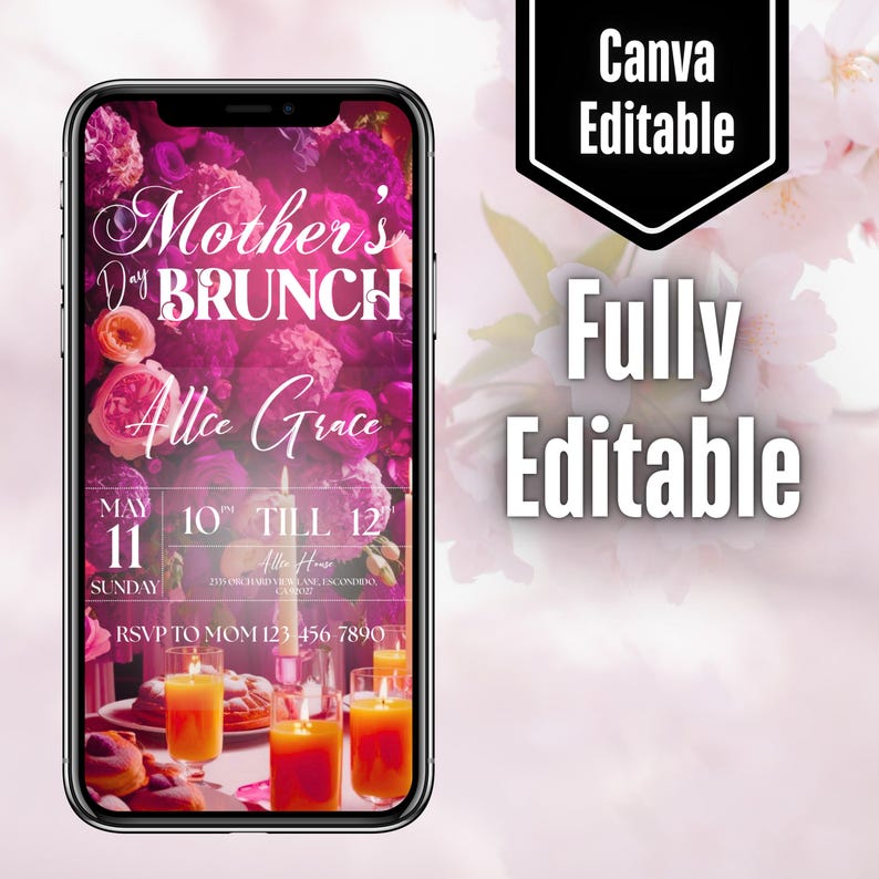 Mother’s Day Brunch Invite, Happy Mother’s Day, Boho Floral Event Itinerary, Animated Video Invitation, Mom and Mimosa's, Canva Editable