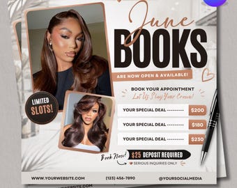 June Nail Booking Flyer Canva Template, Monthly Bookings Flyer, Summer Books Open Nail Appointment Post, DIY text, Instant Download