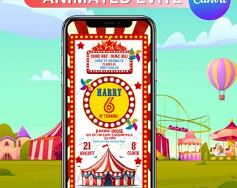 Invito di compleanno a tema Carnevale, Invito di compleanno a tema Circo, Invito per festa di compleanno a tema Carnevale, Invito a tema Carnevale, Invito a tema Circo, Modificabile su Canva