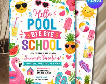 End of School Party Invitation Template, Editable Canva Schools Out Pool Party Invite, Hello Summer Party Invitation Digital Download