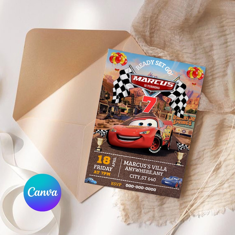 Red Race Car Invitation, Boys Birthday Invitation, Racing Theme Party Invite, Car Birthday Digital Download, DIY In Canva