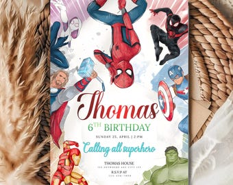 Editable Superheroes Birthday Invitation Template, Kids Superhero Party Invite, Birthday Party Invitation, DIY Text, Instant Download