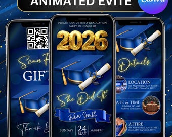 Animated Graduation Party Invitation, Class of 2026 College Announcement Invite, She Did It Graduation, Editable Canva Design