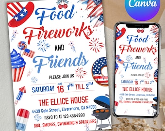 Invitation barbecue du 4 juillet, invitation barbecue jour de l'indépendance, invitation célébration patriotique, invitation feux d'artifice jour de l'indépendance, toile modifiable