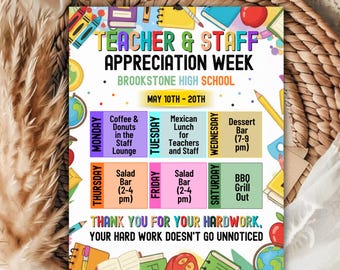 Teacher Appreciation Week Flyer Template, Printable Teacher & Staff Appreciation Sign, Editable Daily Schedule, DIY Text, Canva Template