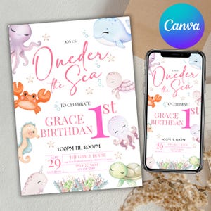 Oneder the Sea Birthday Invitation, Watercolour Sea Animals, 1st Birthday Invite, Ocean Animals Girls Under the Sea Invite, Canva Editable