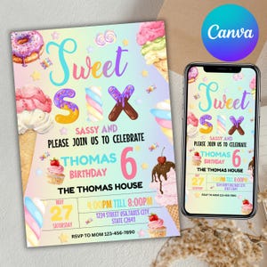 Sweet Sassy and SIX, 6th Girl Birthday Invite, Sweet Six Invitation, Cotton Candy Sweets Invitation, 6th Birthday Invitation, Canva Editable