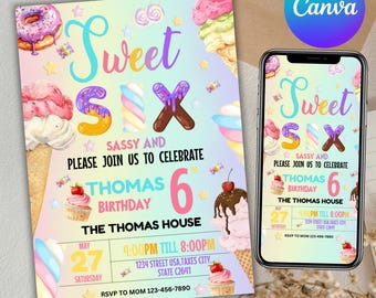Sweet Sassy and SIX, 6th Girl Birthday Invite, Sweet Six Invitation, Cotton Candy Sweets Invitation, 6th Birthday Invitation, Canva Editable