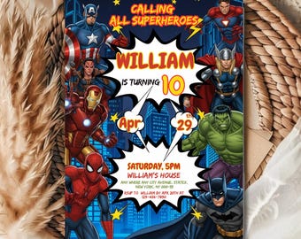 Editable Superheroes Birthday Invitation, Superhero Birthday Party Invite, Avengers Style Kids Party Invitation, DIY Text, Instant Download