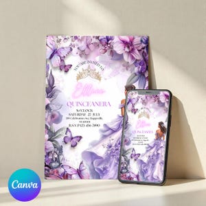 QUINCEANERA FLOWERS,Lilac Gold Floral Butterfly Princess Quinceanera Invitations, Lilac Purple & Gold Princess Quince, Canva Editable