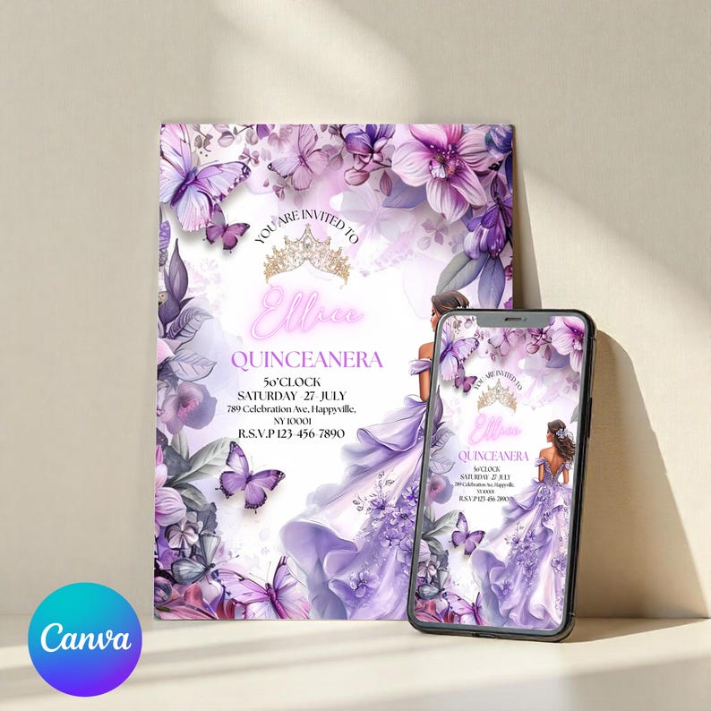 QUINCEANERA FLOWERS,Lilac Gold Floral Butterfly Princess Quinceanera Invitations, Lilac Purple & Gold Princess Quince, Canva Editable