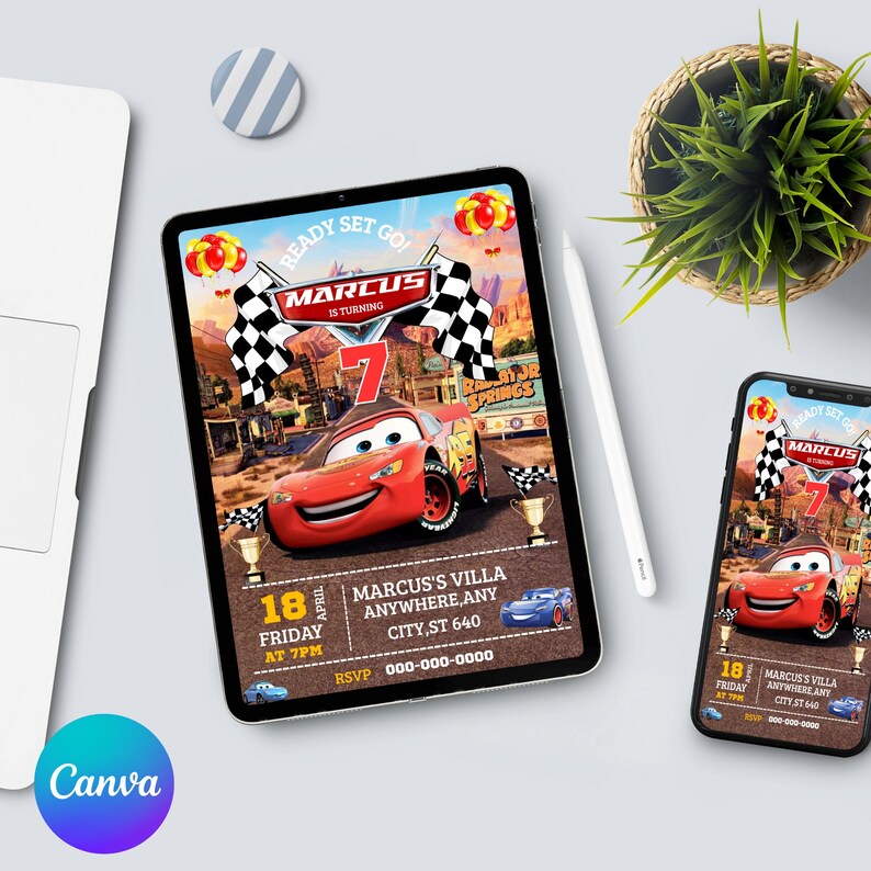 Red Race Car Invitation, Boys Birthday Invitation, Racing Theme Party Invite, Car Birthday Digital Download, DIY In Canva