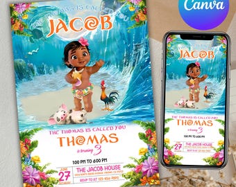 Faire-part d'anniversaire bébé Moana, faire-part Moana, faire-part d'anniversaire hawaïen Moana, invitation à une soirée à thème pour enfants, toile modifiable