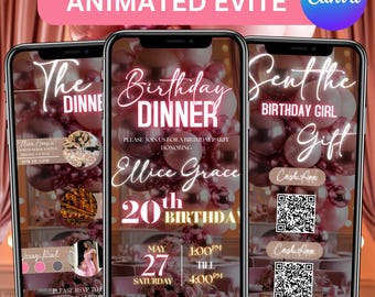Invitación a cena de cumpleaños de Evite, Cena de cumpleaños, Invitación digital a fiesta de cumpleaños, Texto, Fiesta de cumpleaños, Texto de Evite, Canva editable