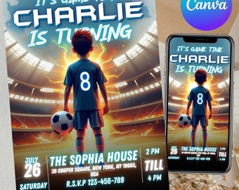 Invitación para fiesta de fútbol, invitación de fútbol para niños, invitación de cumpleaños de fútbol, plantilla de invitación de cumpleaños de fútbol, cumpleaños de niño, Canva editable