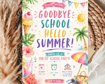 End of School Party Invitation Template, Editable Canva Schools Out Pool Party Invite, Hello Summer Party Invitation Digital Download