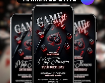 Digital Birthday Game Night Invitation, Animated Red Black Poker Night Party Evite, Casino Game Night Flyer, Text DIY, Instant Download