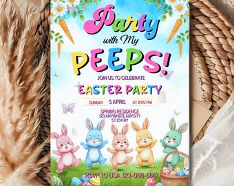 Easter Egg Hunt Invitation, Party With My Peeps, Easter Bunny Invite, Editable Canva Template, DIY Text, Instant Download