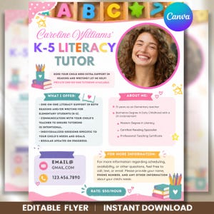 May include: A pink and white flyer for a K-5 literacy tutor, featuring the text "Caroline Williams" and "K-5 Literacy Tutor." The flyer includes a photo of the tutor, contact information, and details about services offered.