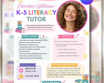 Tutoring Flyer Canva Template, Summer Tutor Flyer, DIY Text, Elementary Tutor Flyer, School Tutor Advertisement, Private Tutor Flyer