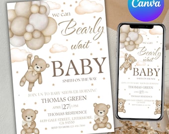 Teddy bear baby shower invitation, Baby Shower Invitation, Bear with Balloons Baby Shower, Brown Boho Bear Baby Shower, Canva Editable