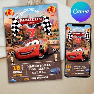 Invitación de Cars McQueen, Invitación de Rayo McQueen, Invitación de cumpleaños de Cars, Recuerdos de fiesta de Cars, Invitación de cumpleaños infantil, Editable en Canva