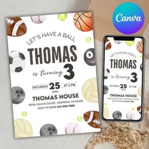 Sports Theme Birthday Invitation, Basketball Football Soccer Baseball Invite, Boy Birthday Party Invitation, Let Have a Ball, Canva Editable