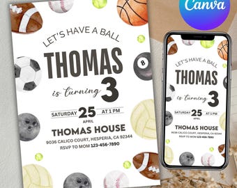 Sports Theme Birthday Invitation, Basketball Football Soccer Baseball Invite, Boy Birthday Party Invitation, Let Have a Ball, Canva Editable