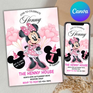 Minnie Mouse Birthday Invitation, Minnie Mouse Birthday, Birthday Invitation, Mouse Birthday Invite, Girls minnie invitation, Canva Editable