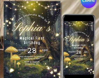 Op de afbeelding: Een grillige uitnodiging voor Sophia's Magical First Birthday, met een bosscène met gloeiende paddenstoelen en feeërieke lichtjes. De uitnodiging bevat de datum, tijd en RSVP-informatie. Het ontwerp wordt ook op een smartphone weergegeven.